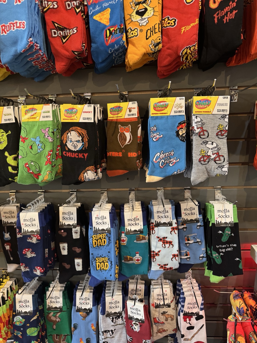 Colourful novelty socks display at The RAD Studio in Stratford Ontario